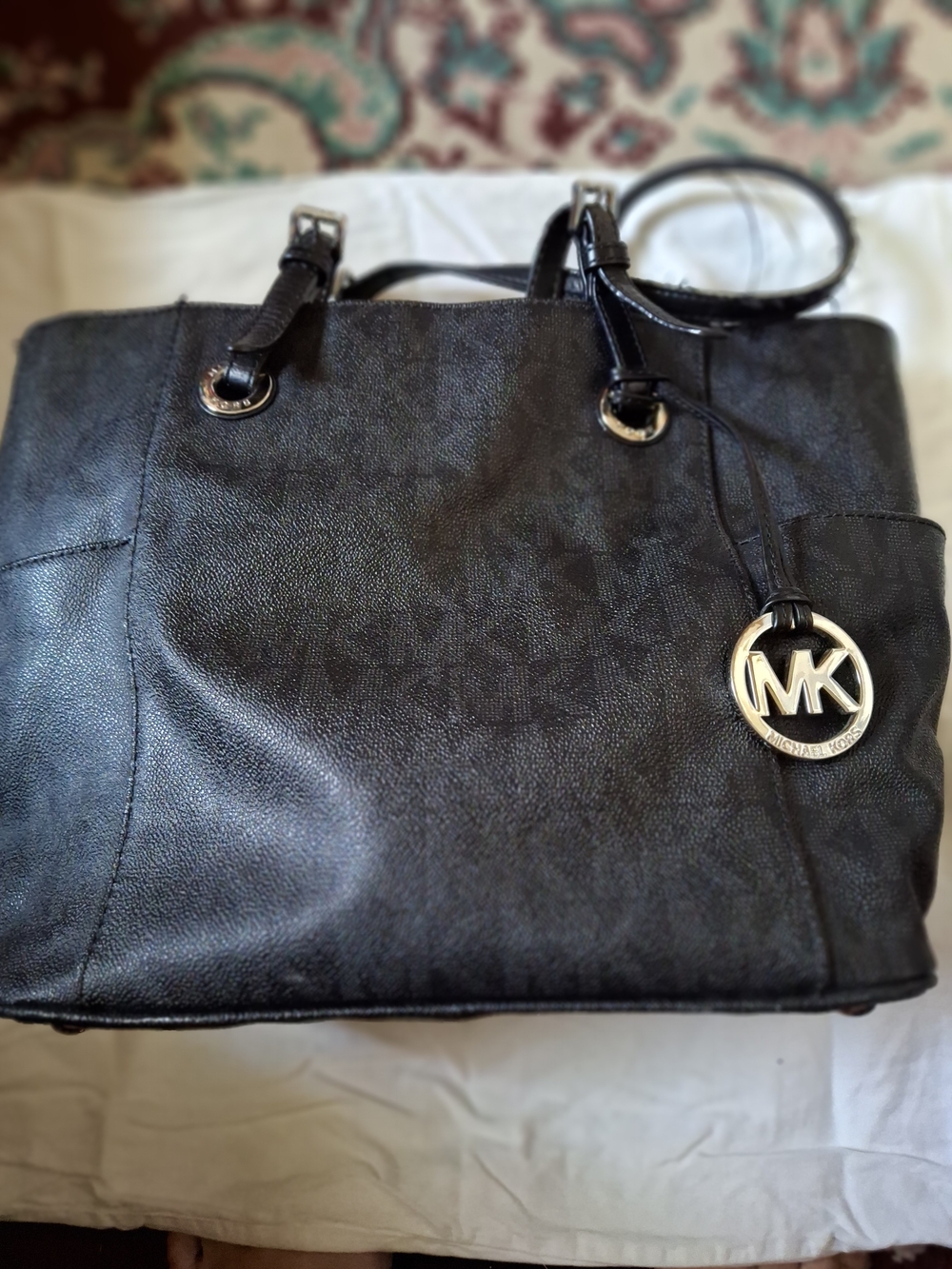 Michael Kors Black Pebbled Leather Large Tote Shoulder Bag Gold MK Charm